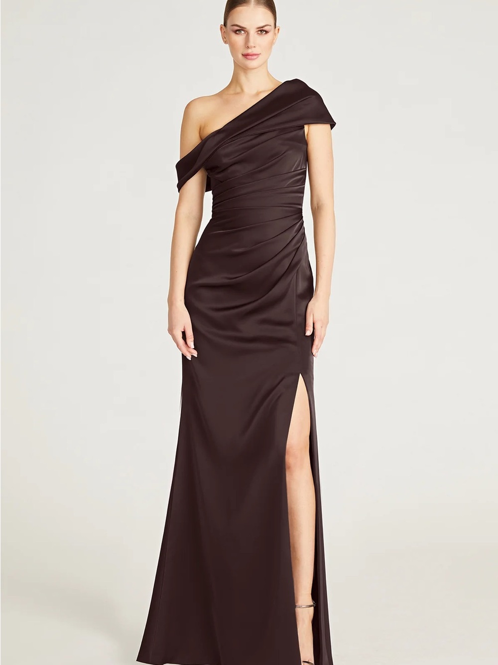 Theia  Celia One-Shoulder Draped Gown Chocolate Brown